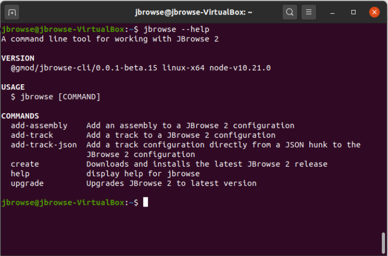The output of jbrowse --help in a terminal