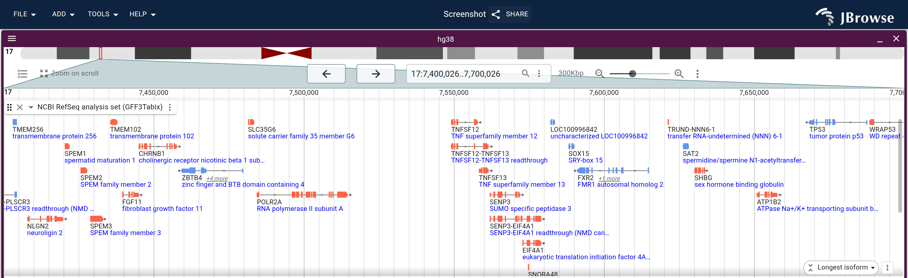 NCBI RefSeq genes on hg38 with this recipe applied: forward-strand genes red, reverse-strand blue.