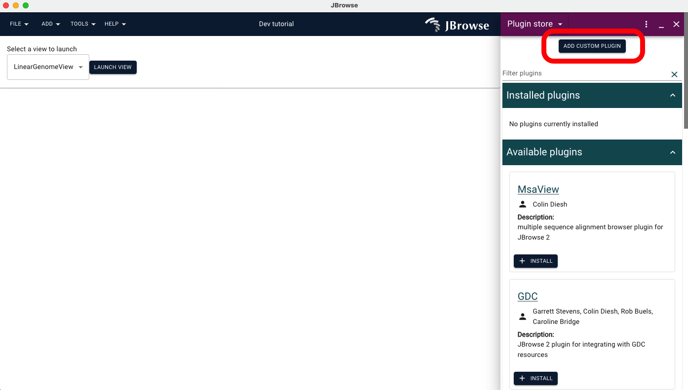 The 'Add Custom Plugin' button is at the top of the Plugin Store in JBrowse desktop.
