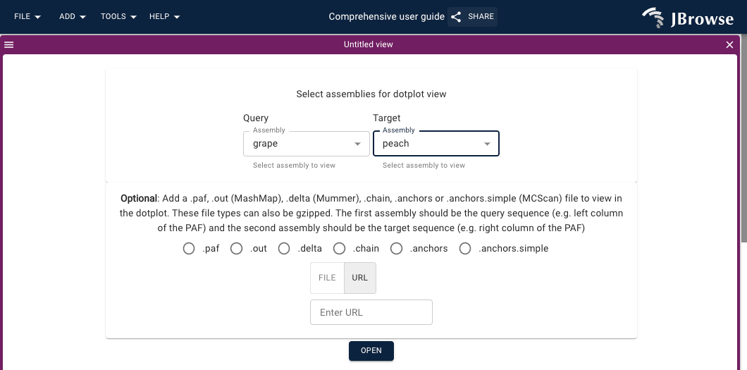 Screenshot of the import form of the synteny view. You can select two different assemblies and an additional file can be supplied.