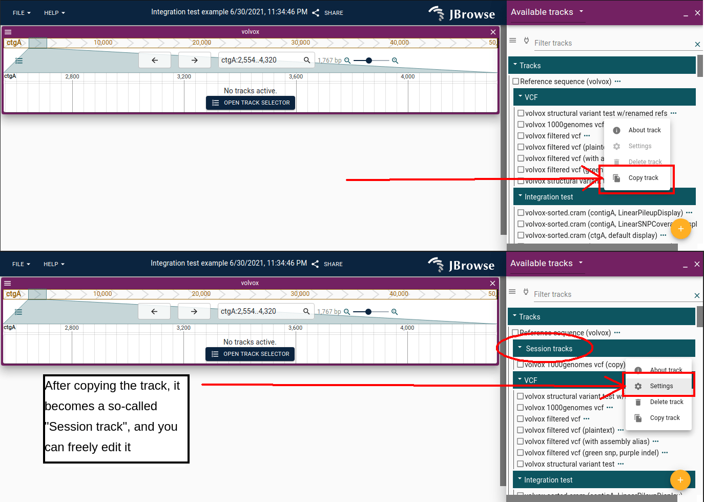 Screenshot showing the procedure to copy the track before being able to edit the settings