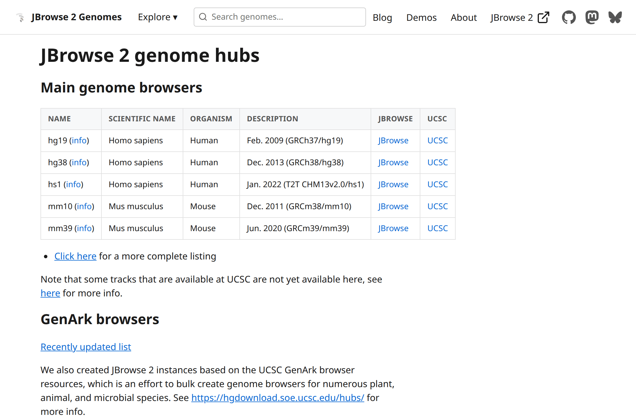 The genomes.jbrowse.org front page. The top table is the short list of main genomes; the GenArk half below it is the bulk catalog, split by clade and by project.