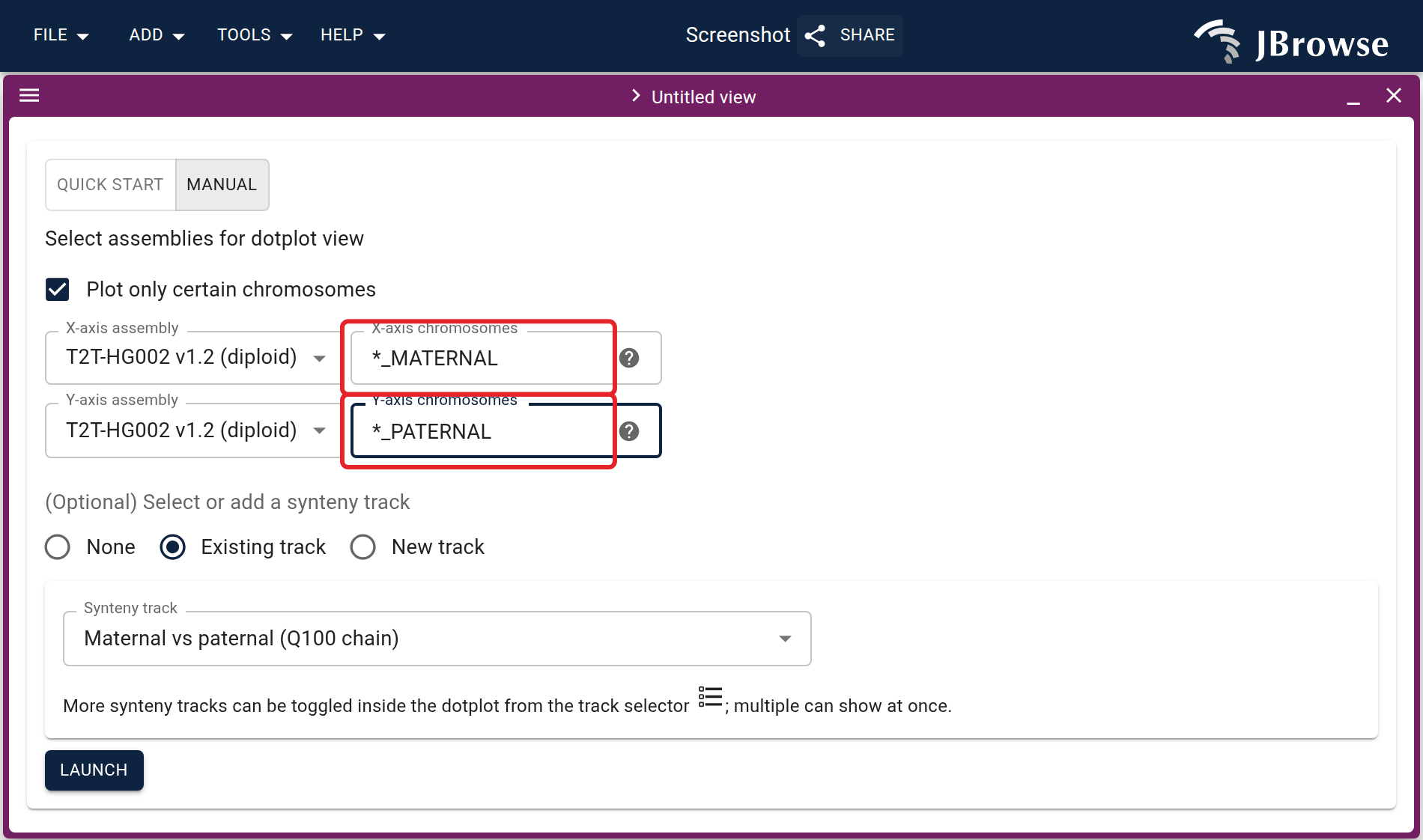 The dotplot import form in Manual mode. Both axes are the same assembly, and the chromosome boxes cut each one down to a single haplotype. The Q100 chain is already selected as the synteny track.