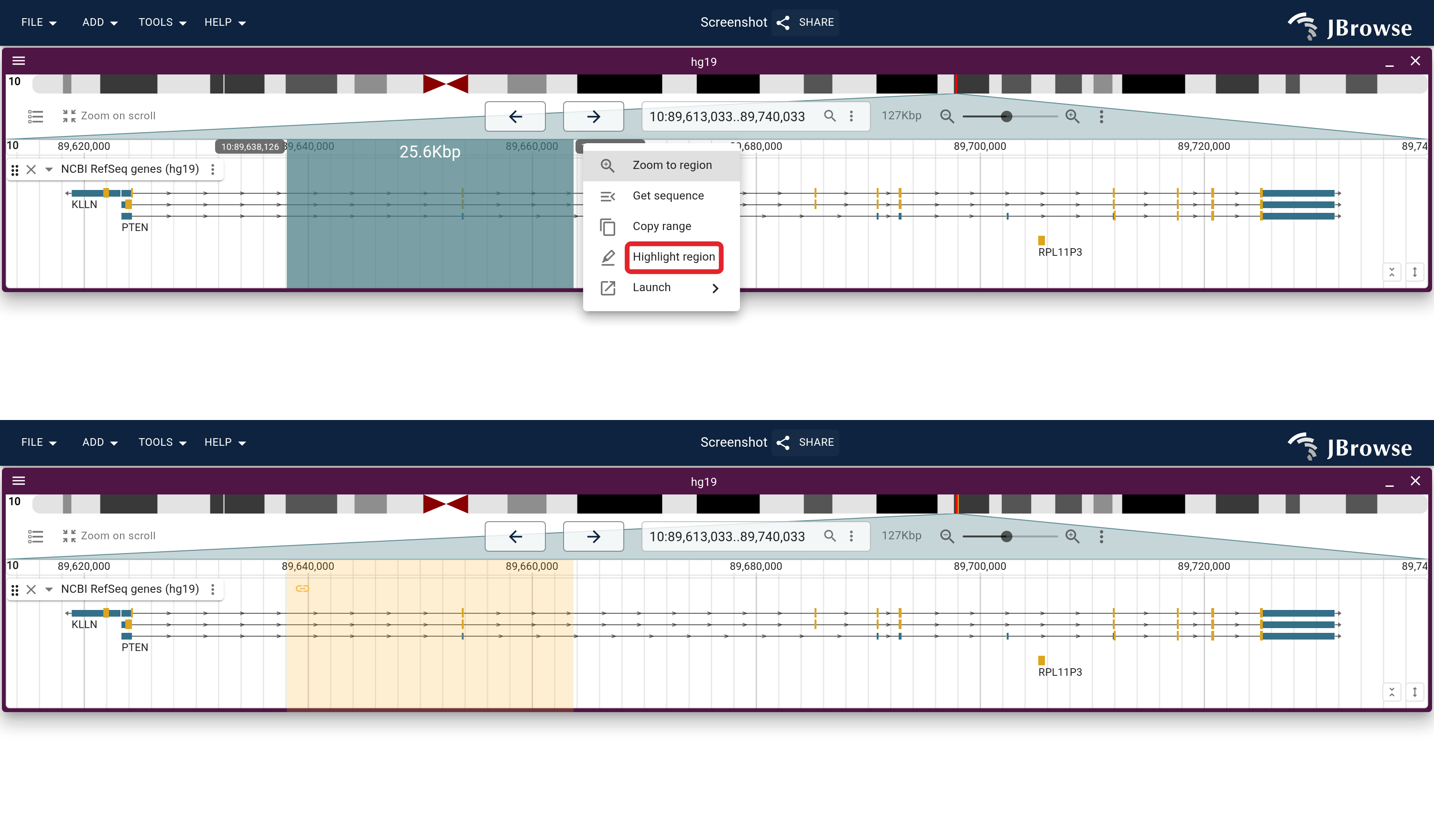 Drag across the top of an LGV and pick 'Highlight region.'