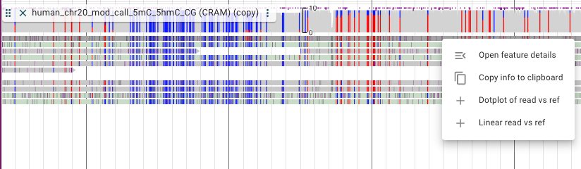 A screenshot of a context menu available on a linear genome view track. Here, we see the context menu of a feature right-clicked on a LinearAlignmentsDisplay.