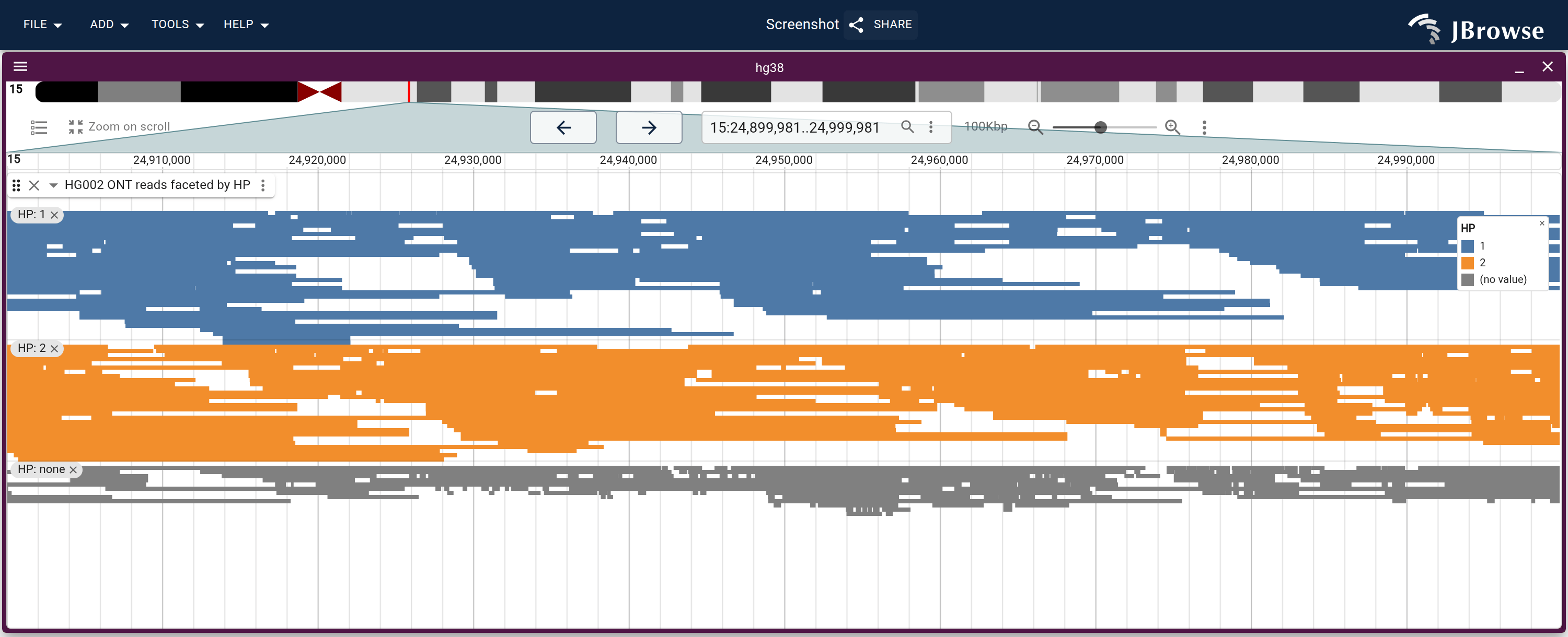 HG002 ONT reads faceted by their HP tag: each haplotype's reads packed into a band of its own under the chip that names it, and the untagged reads in a third.