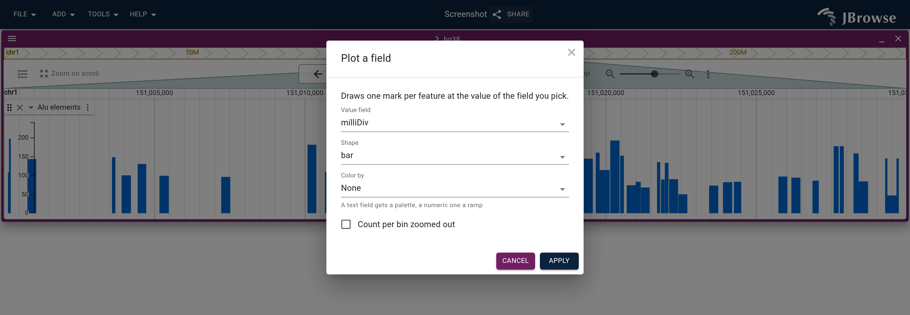 The Plot field dialog over an Alu track, reopened on the mark that track declares: the numeric fields the loaded features carry, the shape, the colour field and the count-per-bin box.