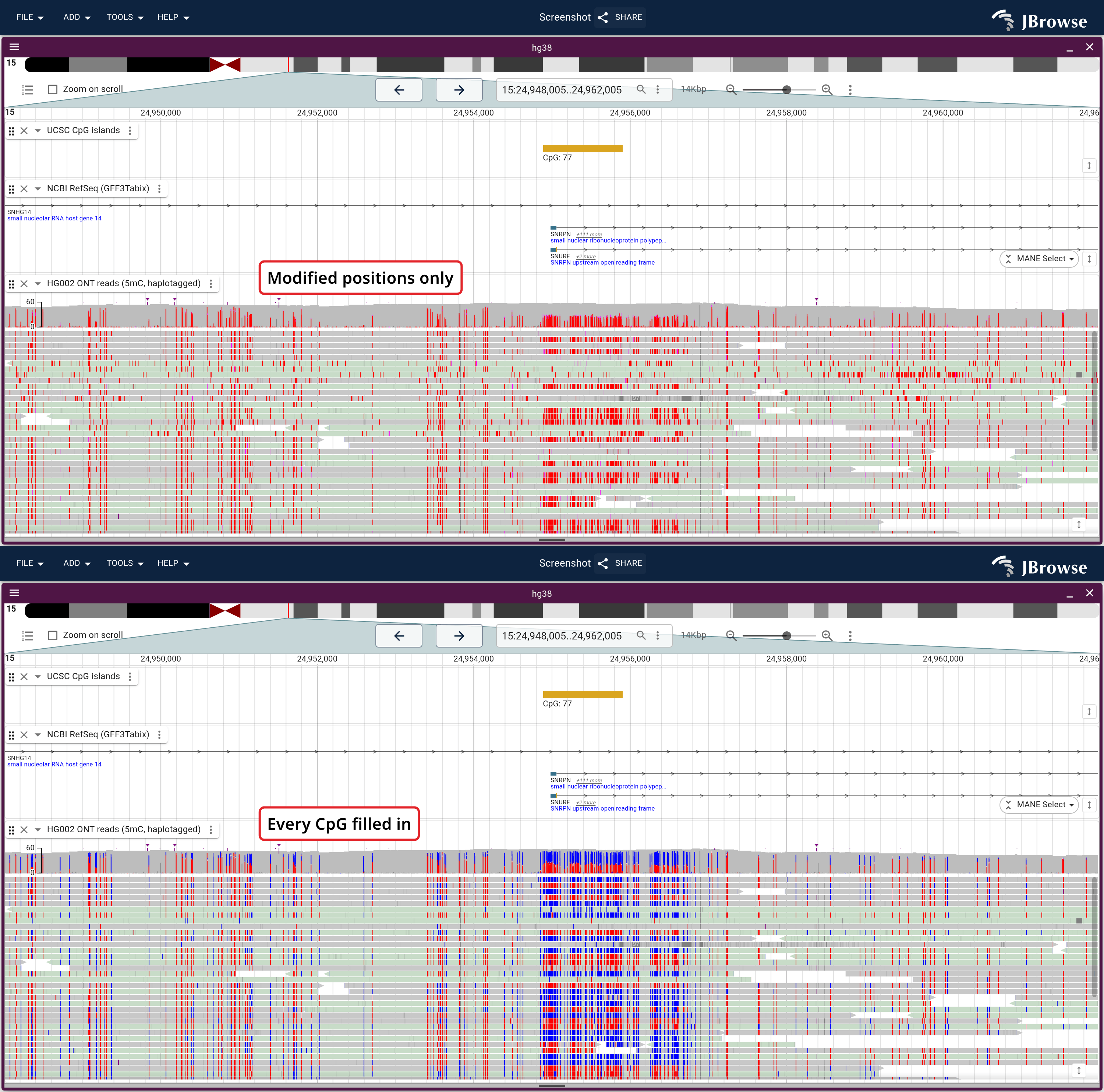 HG002 ONT reads over the SNRPN CpG island in both modification color modes. The bottom mode fills every unmarked CpG in blue.