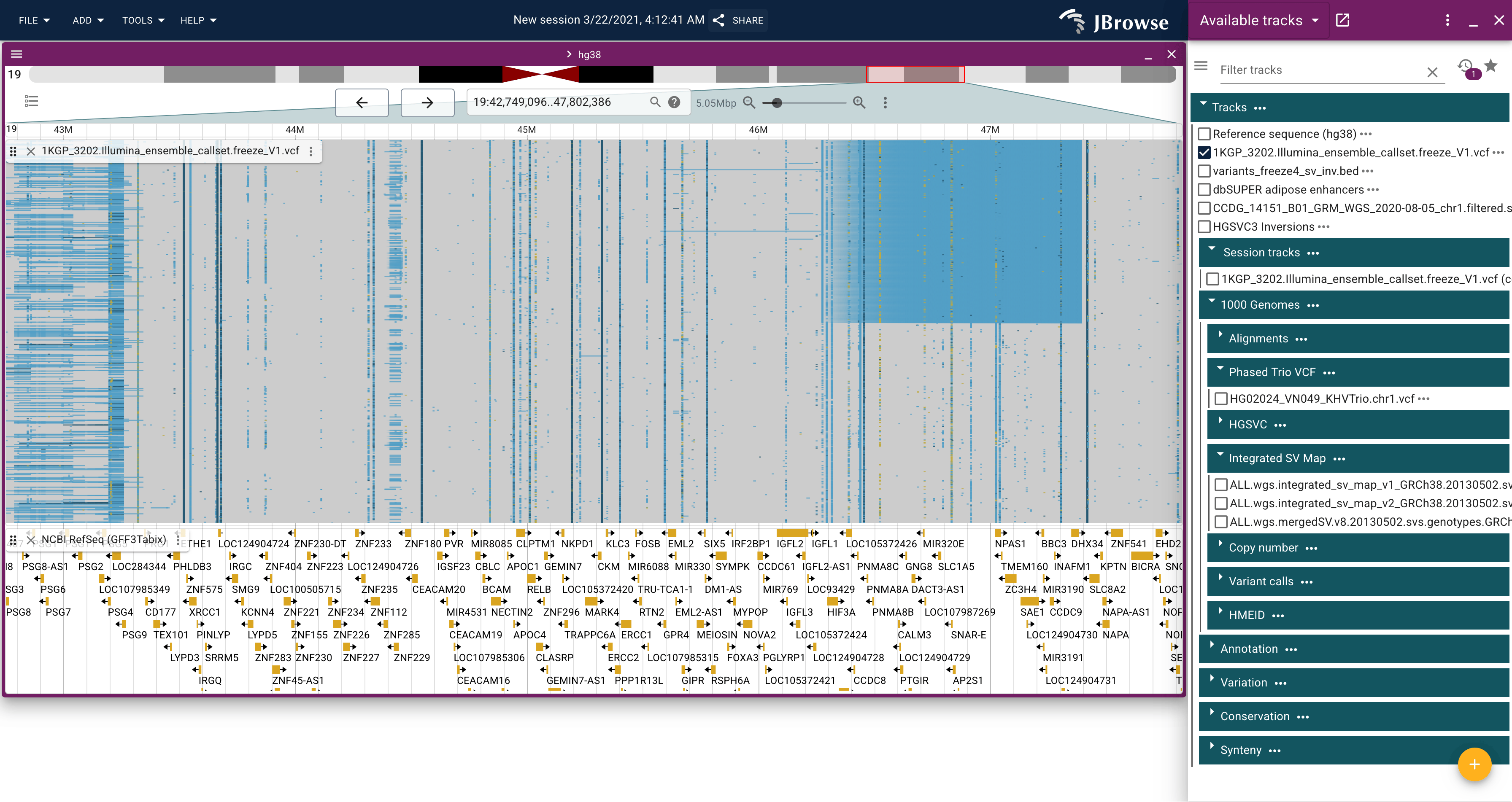 chr19 region containing the large inversion shown in the 1KGP SV callset alongside pileup tracks from multiple samples. The dense colored variation in the alignment tracks reflects the two orientations of the inverted segment segregating in the population. The track selector panel on the right shows the 1000 Genomes track categories; enabling 1000 Genomes → Alignments adds coverage and pileup panels per sample.