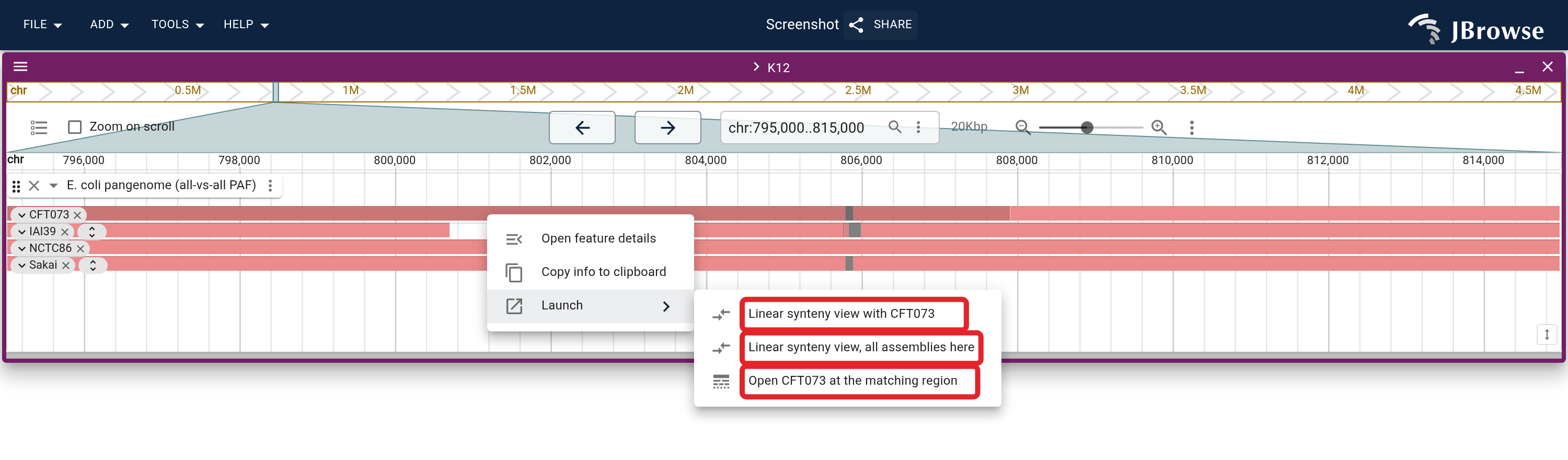 Right-clicking one alignment in the one-vs-all lanes: the pair it describes, every strain aligning here, or a linear view of that strain, in one Launch submenu.