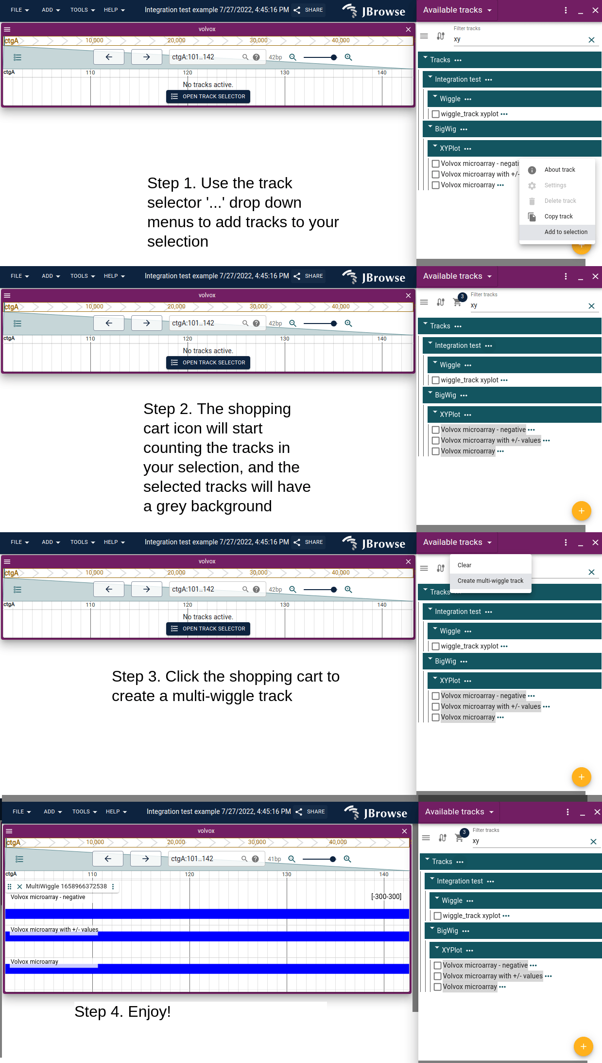 Using the track selector, you can add multiple tracks to your current selection. You can use the '...' dropdown menu to add a single track or a whole category of tracks to your selection. Then, the 'shopping cart' icon in the header of the add track widget let's you create a multi-wiggle track from your selection.