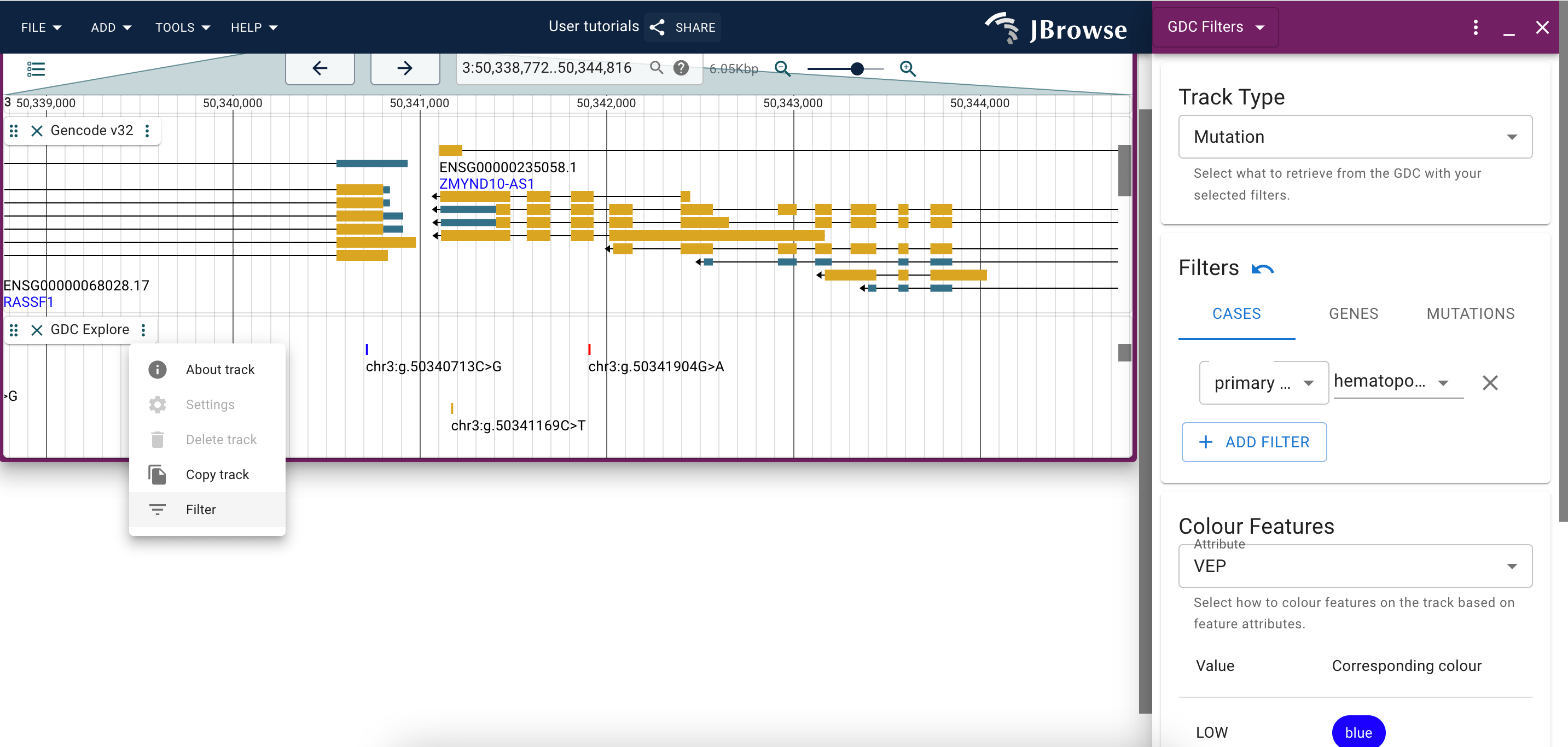 Screenshot depicting the location of the filter option via the track menu, and the full filter widget on the right.