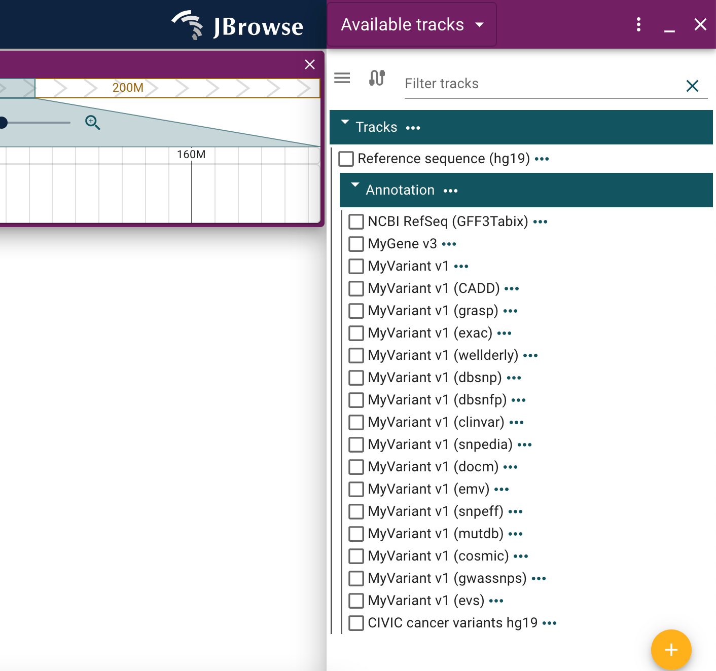 A screenshot of the UCSC, Biothings, and CIVIC tracks present in the add track menu for the assembly hg19 after adding them to your config.