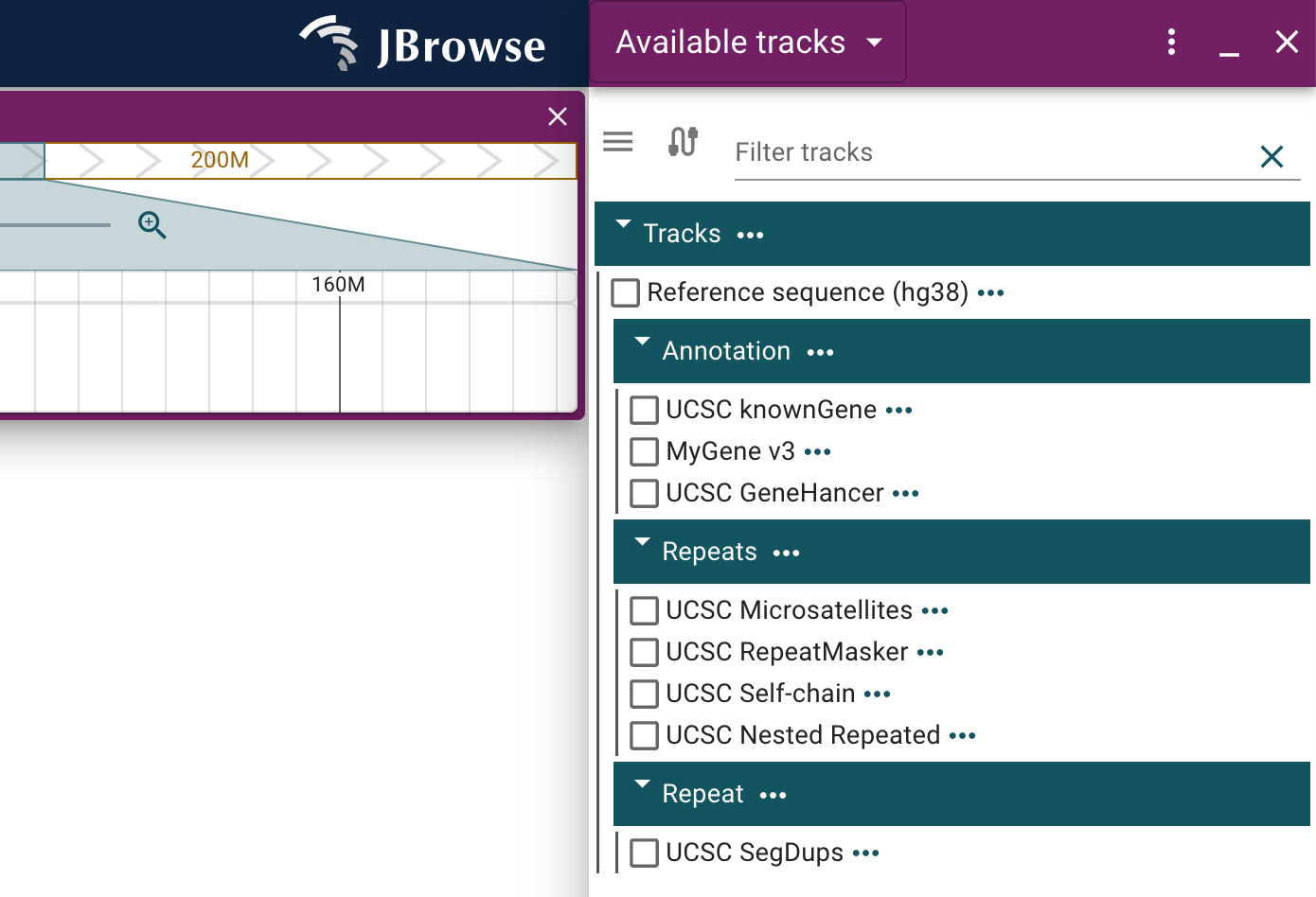 A screenshot of the UCSC, Biothings, and CIVIC tracks present in the add track menu for the assembly hg38 after adding them to your config.