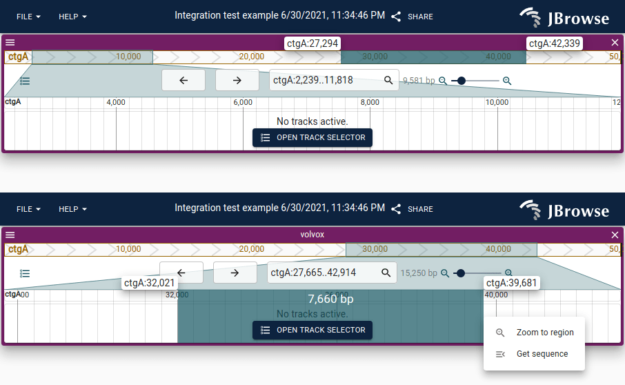 Screenshot of rubberbanding both the main and overview scalebars. The main scalebar produces extra options on selection, e.g. Zoom to region, Get sequence, etc..