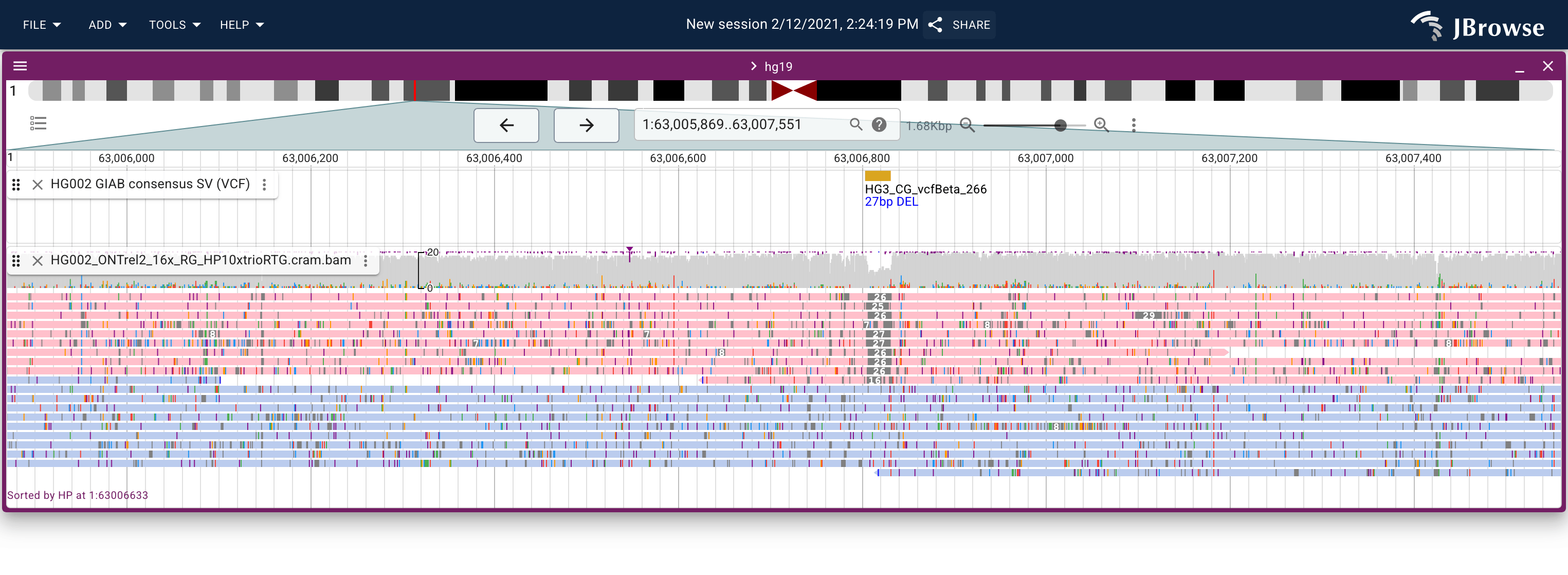 A 27 bp heterozygous deletion (orange variant bar labeled '27bp DEL' in the top track) in HG002 ONT reads. The SNP coverage panel above the pileup shows the local depth; the pileup is sorted by HP tag, separating haplotype 1 (pink rows) and haplotype 2 (blue rows). Supporting reads carrying the deletion are concentrated in one haplotype group.