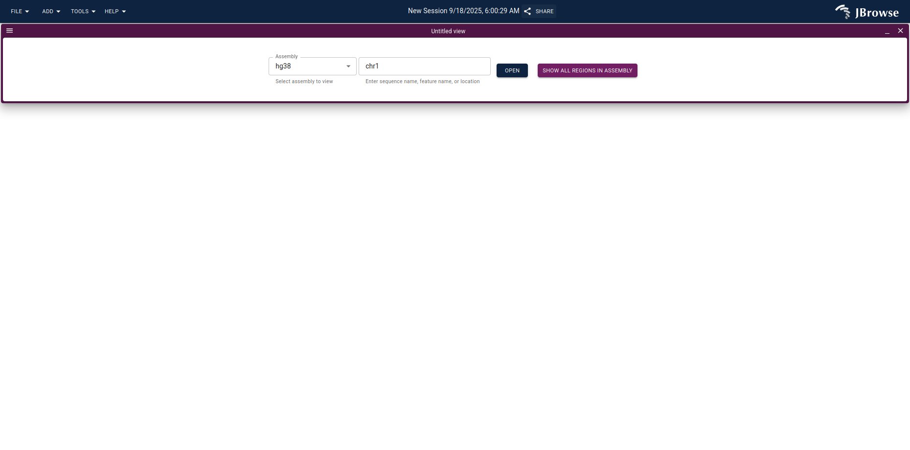The linear genome view start screen with the 'Show all regions' button.