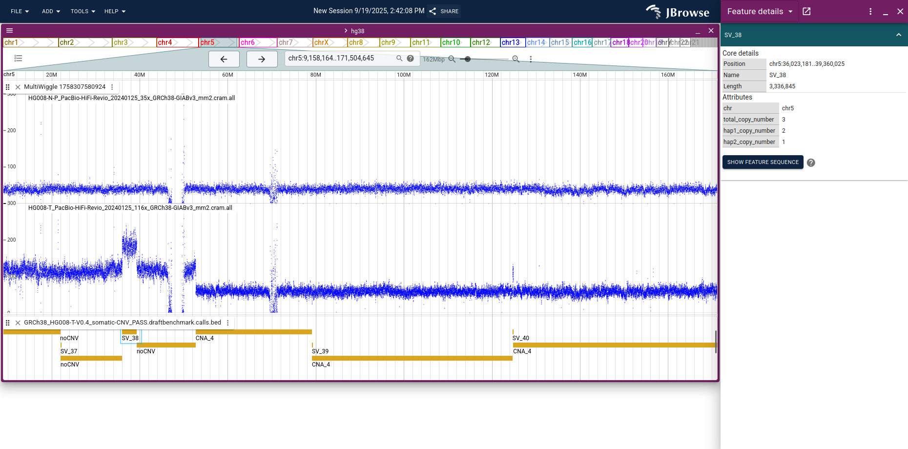 After switching to no-fill mode, zooming into chromosome 5, and opening the benchmark CNV BED track — orange boxes mark individual CNVs and clicking them shows feature details.