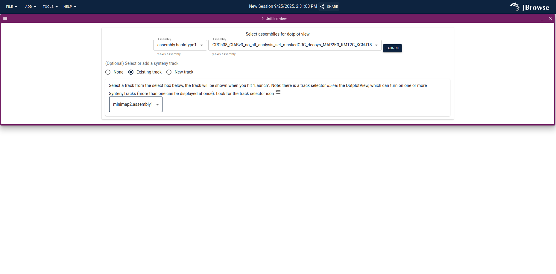 The dotplot import form, with the HG008-T hap1 assembly on one axis and GRCh38 on the other.