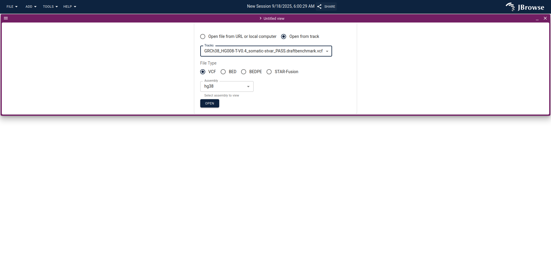 The Open from track dialog with the C-GIAB SV benchmark VCF selected.