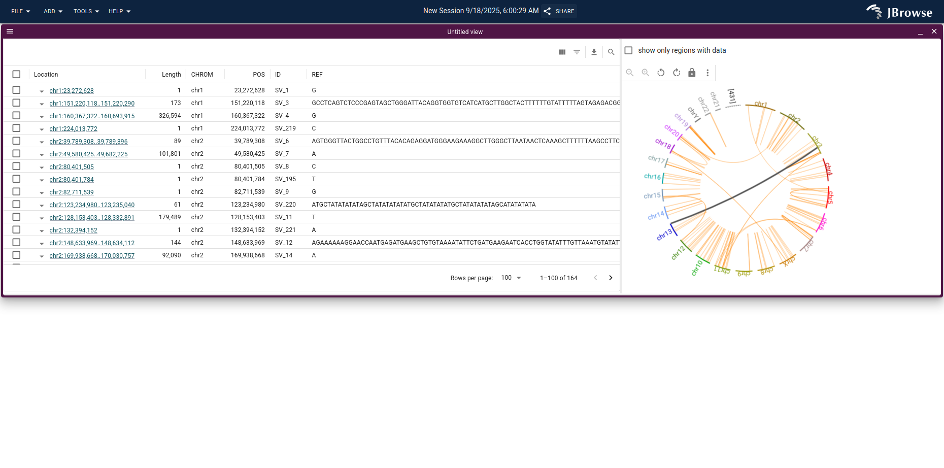 The SV inspector showing the benchmark VCF as a circular overview and a table.