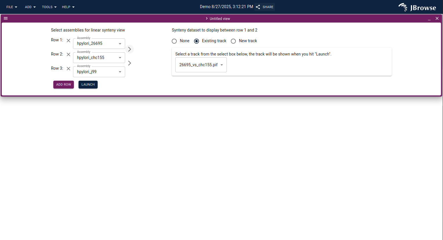 The dotplot import form. Pick two assemblies (X and Y axes) and select a synteny track.