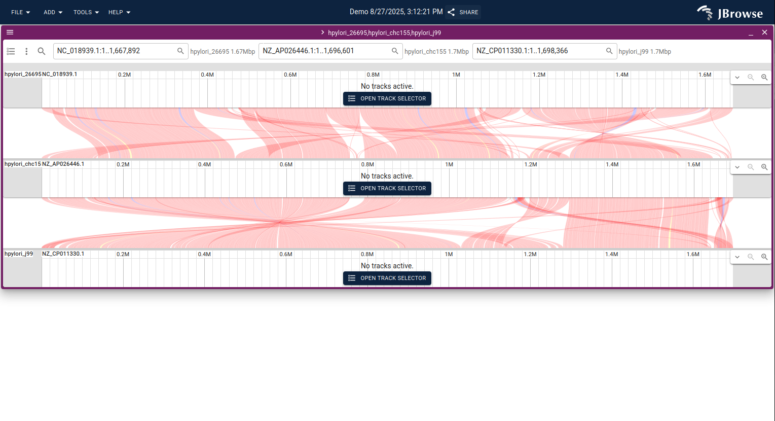 A dotplot showing whole-genome alignment between two species. Diagonal blocks represent collinear regions; off-diagonal blocks indicate rearrangements.