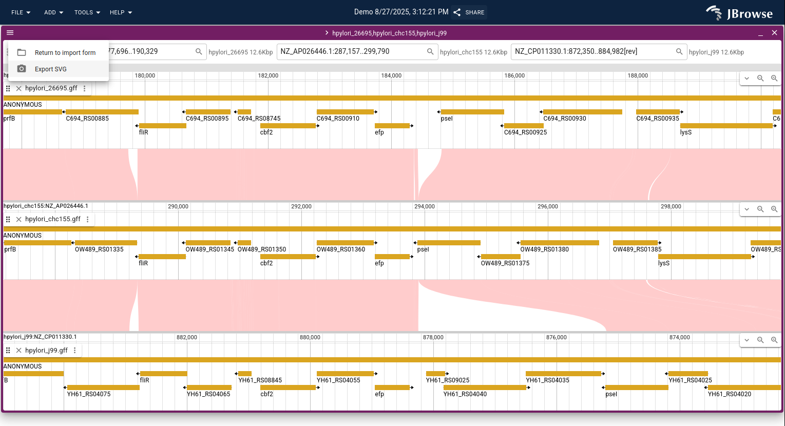 The linear synteny view showing two genomes aligned side-by-side. Blue lines connect aligned blocks; opening annotations tracks reveals conserved genes across the alignment.