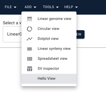 If you haven't made any changes to the plugin template, you'll see 'Hello view' in the Add menu, as shown in this screenshot.