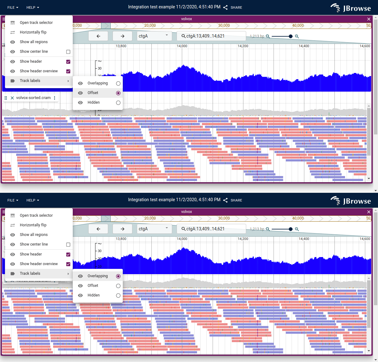 Example of using the overlap and offset track label positioning options.